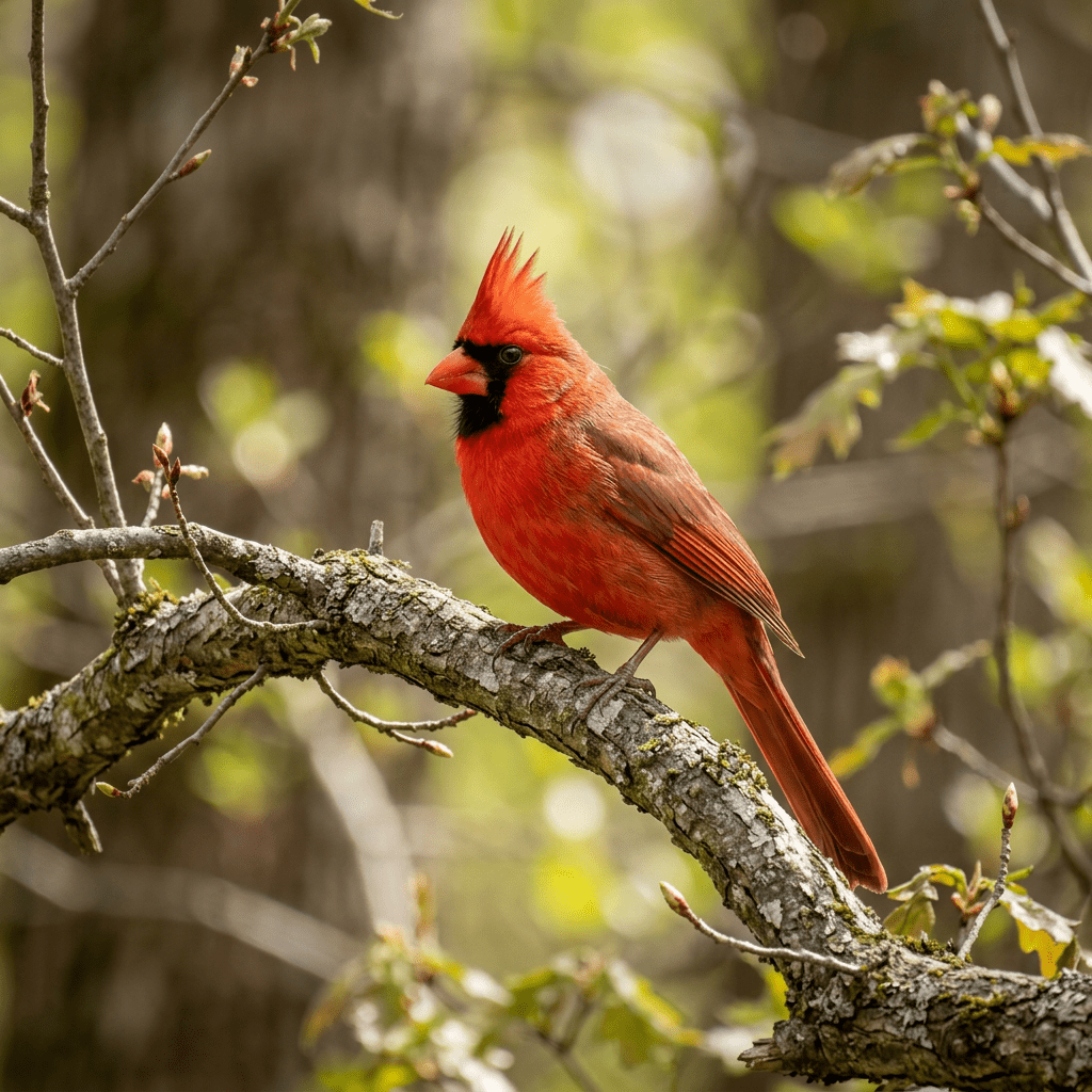 Bright red male northern cardinal perched on a branch